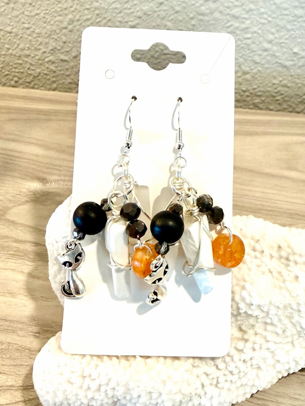 65. 🐈‍⬛ Halloween Vibes!🎃 Black and Orange with sea glass Cat Charm Earrings